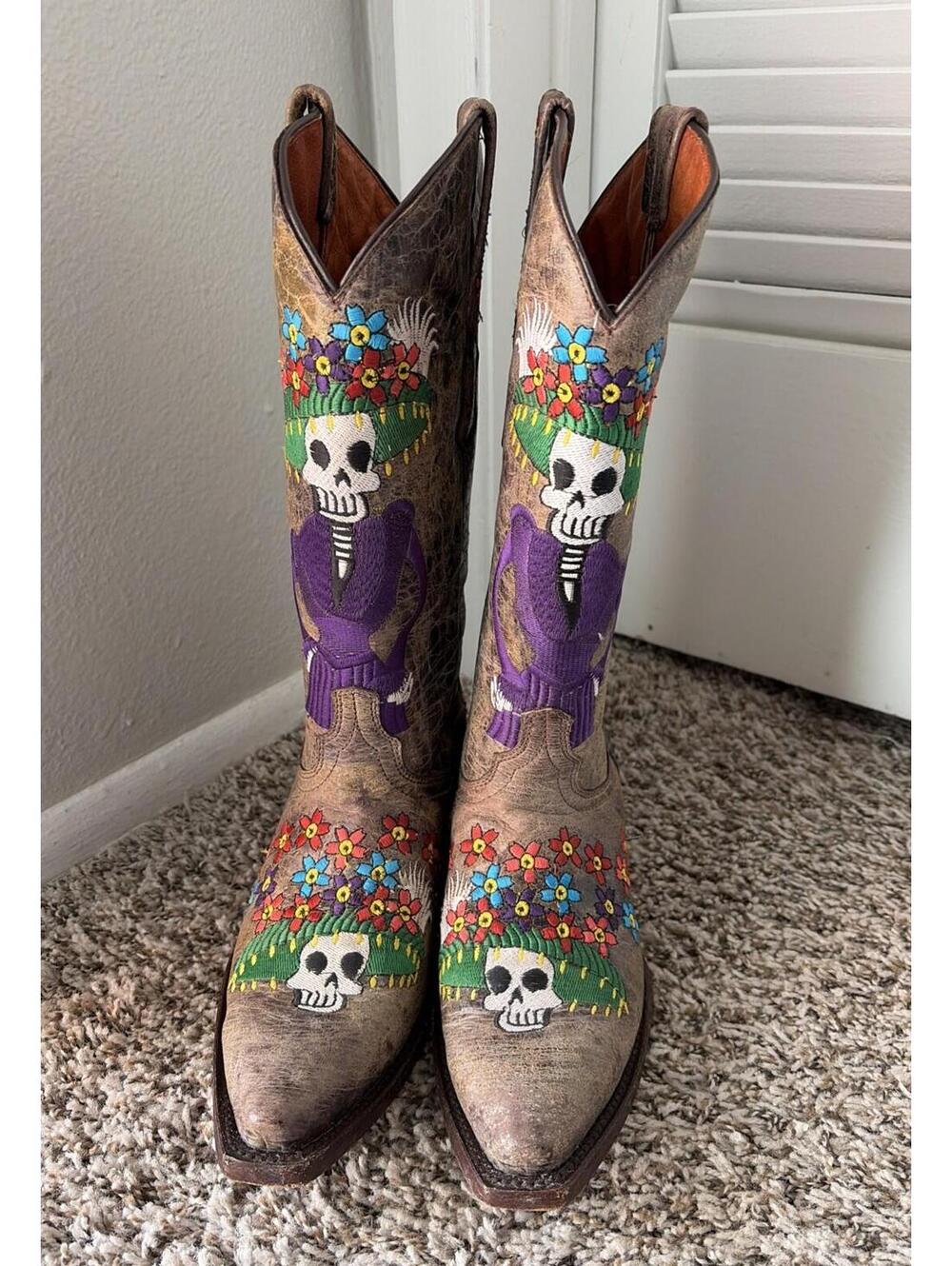 Vaccari Western Cowgirl Boots Womens 7.5 Multicolor Skull Floral Day Of The Dead